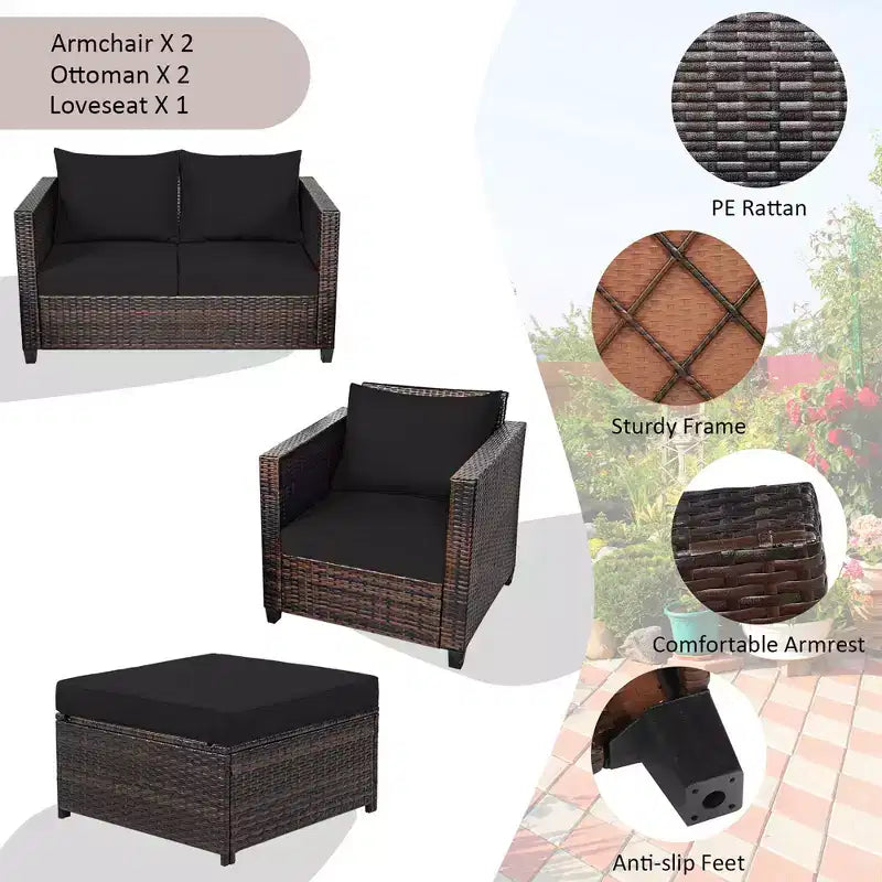 Costway 5PCS Patio Rattan Furniture Set Loveseat Sofa Ottoman Cushioned Red\White