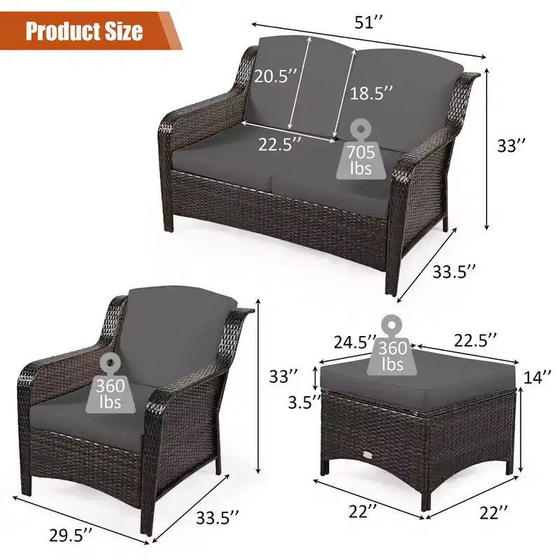 Costway 5PCS Patio Rattan Furniture Set Loveseat Sofa Ottoman W/Red\White Cushion