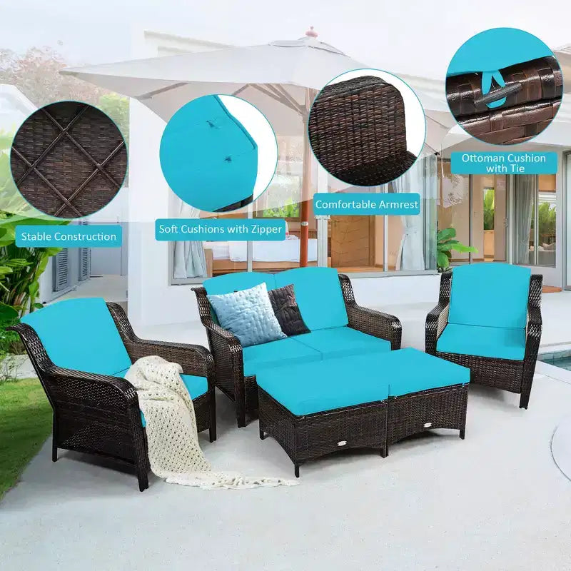 Costway 5PCS Patio Rattan Furniture Set Loveseat Sofa Ottoman W/Red\White Cushion