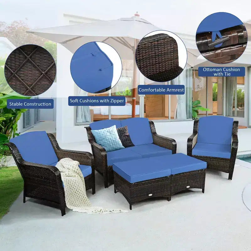 Costway 5PCS Patio Rattan Furniture Set Loveseat Sofa Ottoman W/Red\White Cushion
