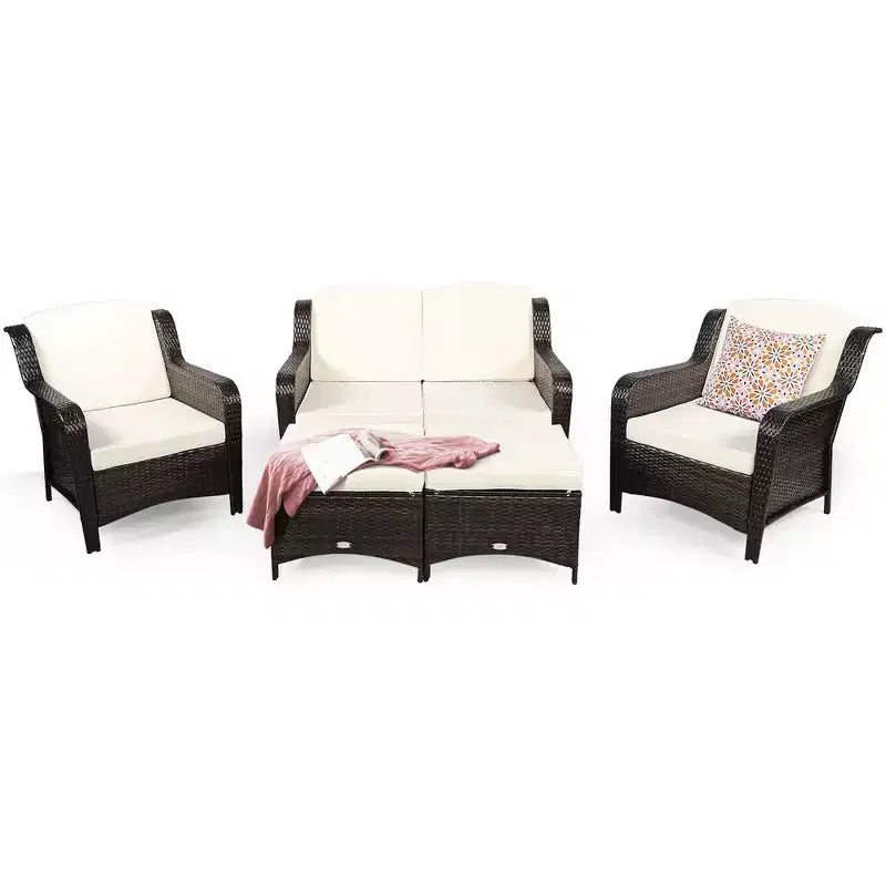 Costway 5PCS Patio Rattan Furniture Set Loveseat Sofa Ottoman W/Red\White Cushion