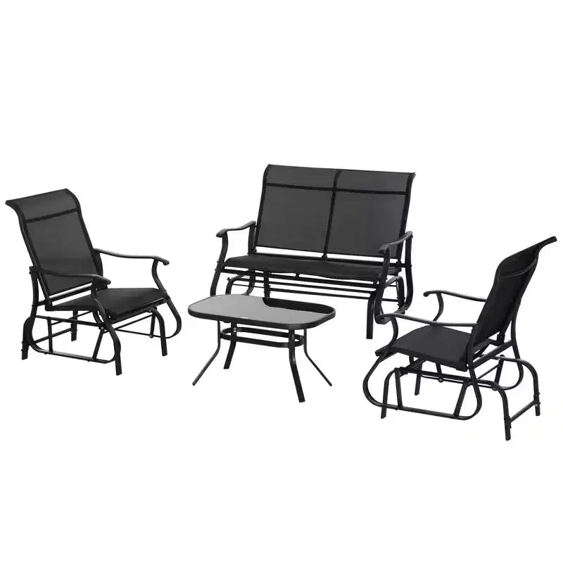 Outsunny 4 Pieces Gliders Set, Outdoor Furniture Sets with 2-Person Glider Patio Bench, Single Sling Chair and Glass Coffee Table, Black