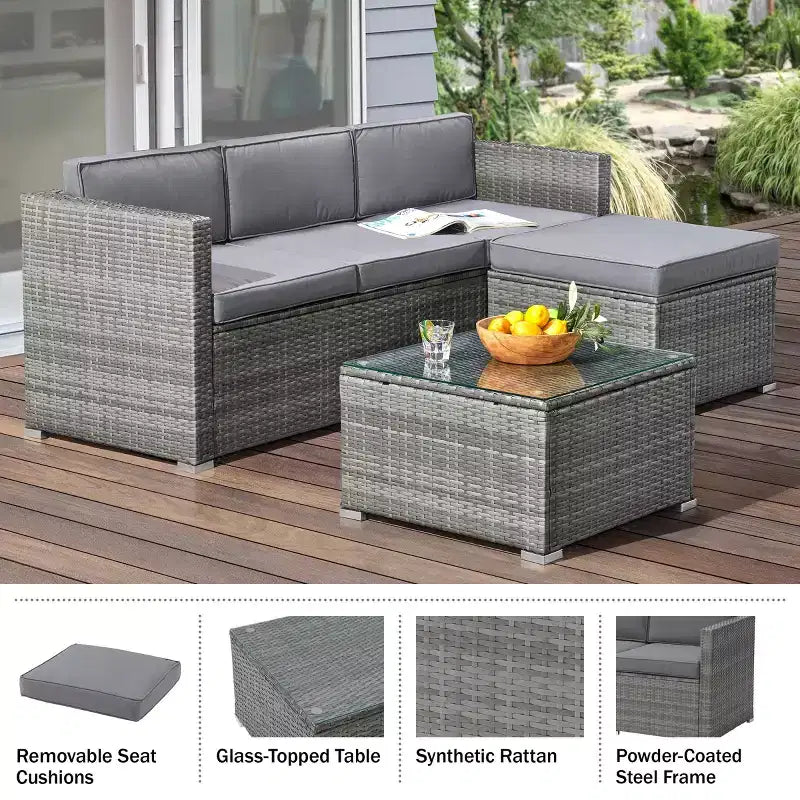 Patio Furniture Set  3-Piece Rattan Outdoor Sofa, Ottoman, and Table Combo for Deck, Pool, Sunroom or Backyard Furniture by Lavish Home (Gray/Blue)