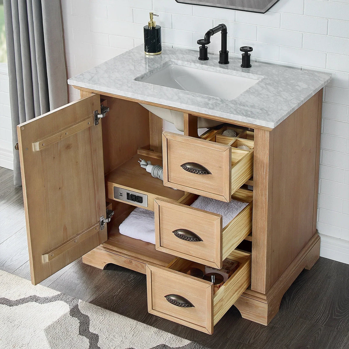 Hervas Bath Vanity with Natural Marble Top without Mirror