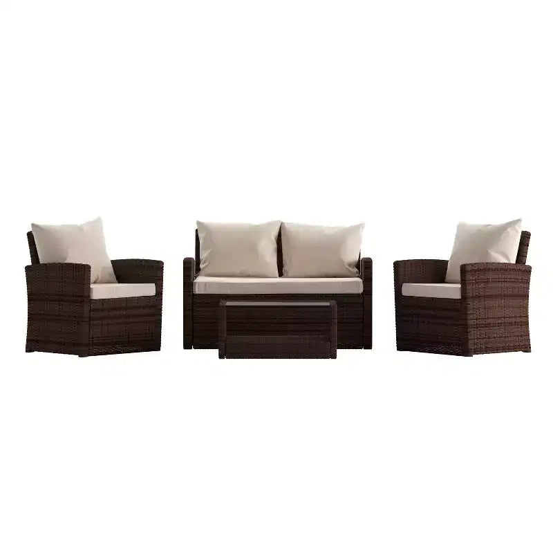 Merrick Lane 4 Piece Patio Set Contemporary Loveseat, 2 Chair and Coffee Table Set with Back Pillows and Seat Cushions