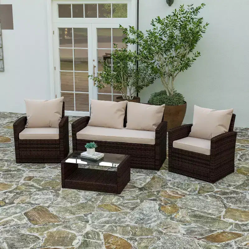 Merrick Lane 4 Piece Patio Set Contemporary Loveseat, 2 Chair and Coffee Table Set with Back Pillows and Seat Cushions