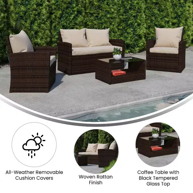 Merrick Lane 4 Piece Patio Set Contemporary Loveseat, 2 Chair and Coffee Table Set with Back Pillows and Seat Cushions