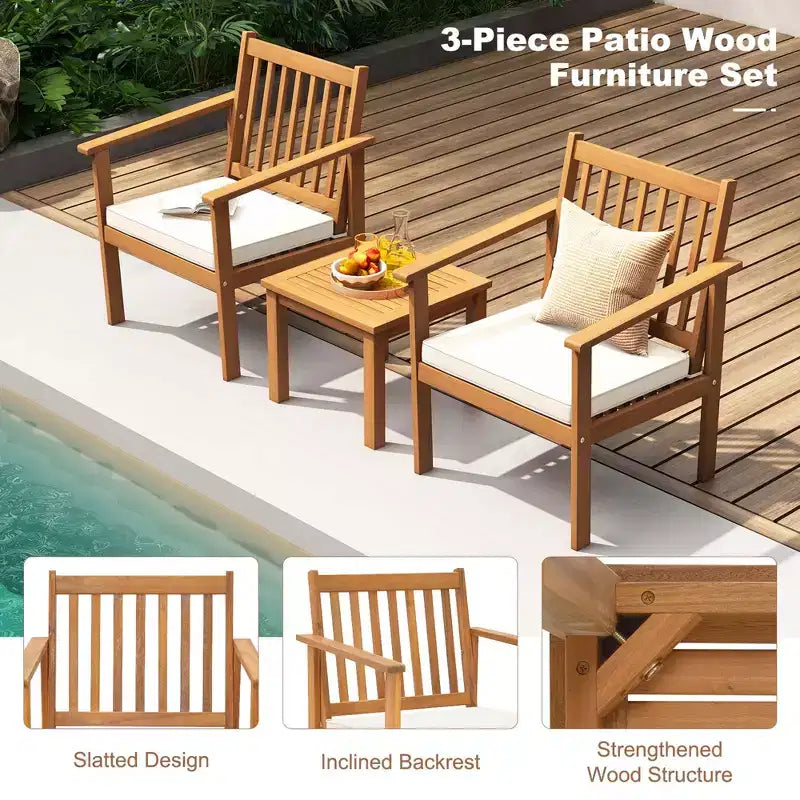 Costway 3 PCS Patio Wood Furniture Set Acacia Wood Chairs & Coffee Table with soft Cushions Grey/White