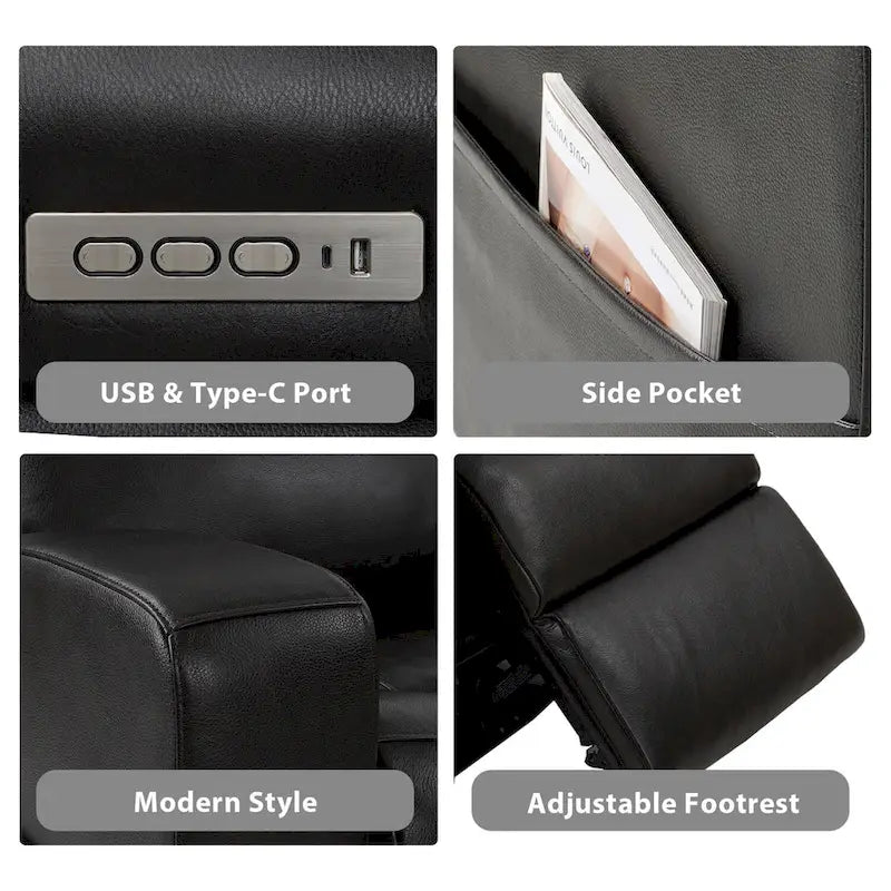 37 Zoll Top-Grain-Leder Power-Gleiter-Liegesessel mit USB-Ladefunktion und verstellbarer Kopfstütze