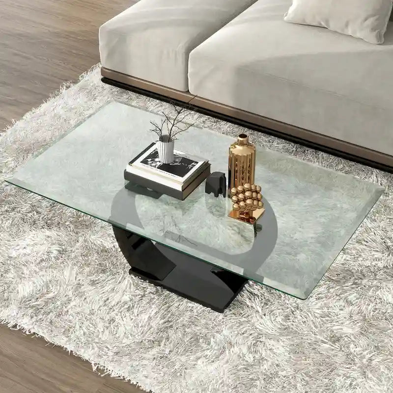 Moderner Couchtisch mit 50-Zoll-Glasplatte und Doppelsockel