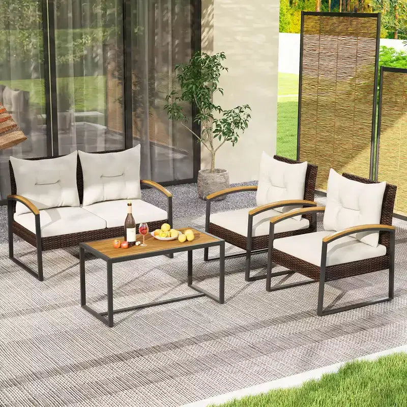 Costway 4 PCS Patio Conversation Set with Coffee Table Solid Acacia Wood Armrests Tabletop