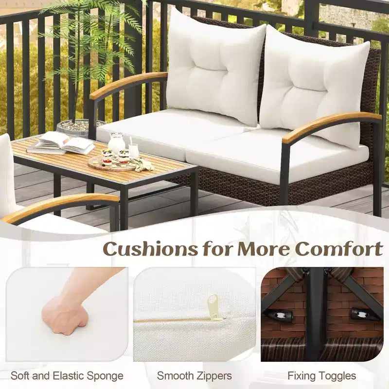 Costway 4 PCS Patio Conversation Set with Coffee Table Solid Acacia Wood Armrests Tabletop