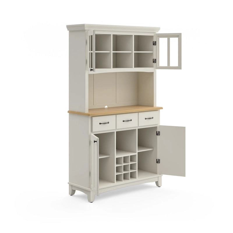 Cremefarbenes Sideboard mit Aufsatz und Holzplatte