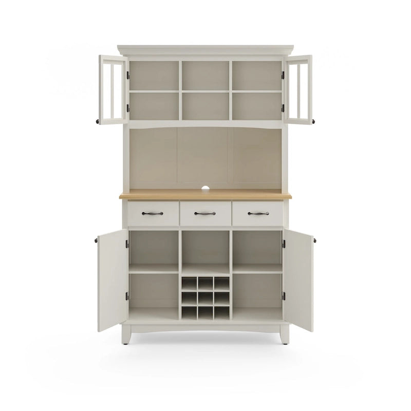 Cremefarbenes Sideboard mit Aufsatz und Holzplatte