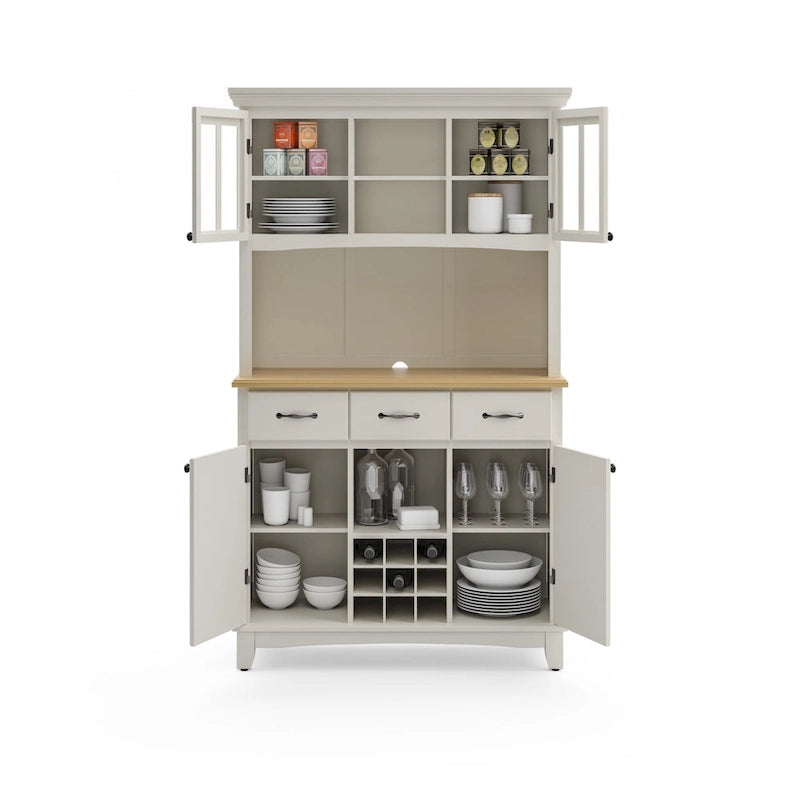 Cremefarbenes Sideboard mit Aufsatz und Holzplatte