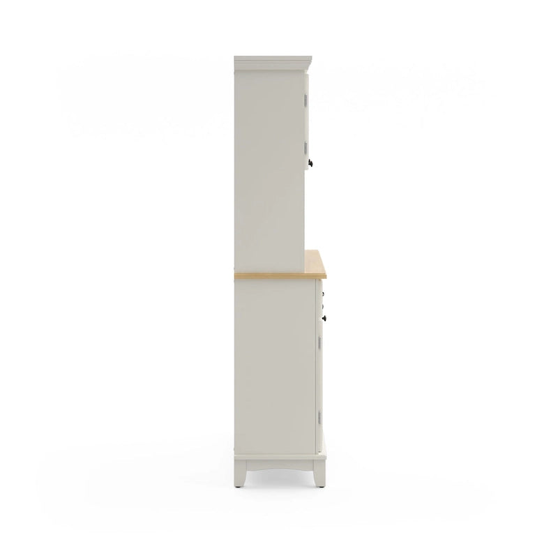 Cremefarbenes Sideboard mit Aufsatz und Holzplatte