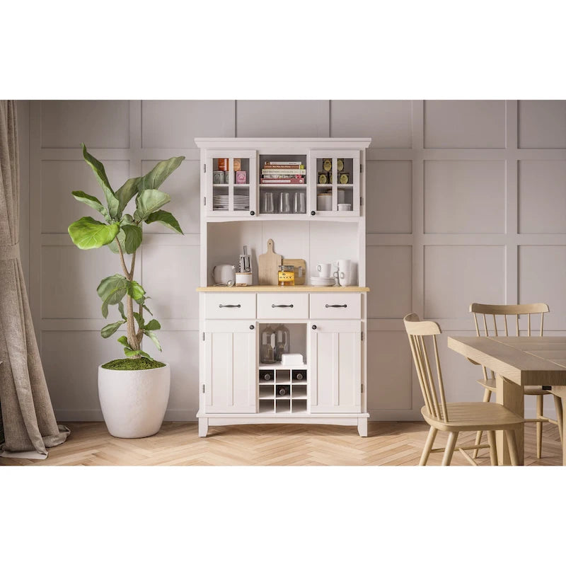 Cremefarbenes Sideboard mit Aufsatz und Holzplatte