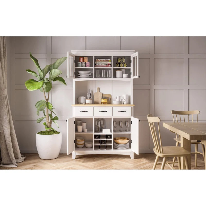 Cremefarbenes Sideboard mit Aufsatz und Holzplatte