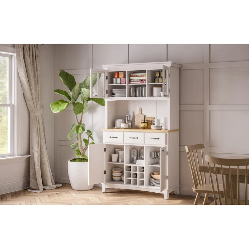 Cremefarbenes Sideboard mit Aufsatz und Holzplatte