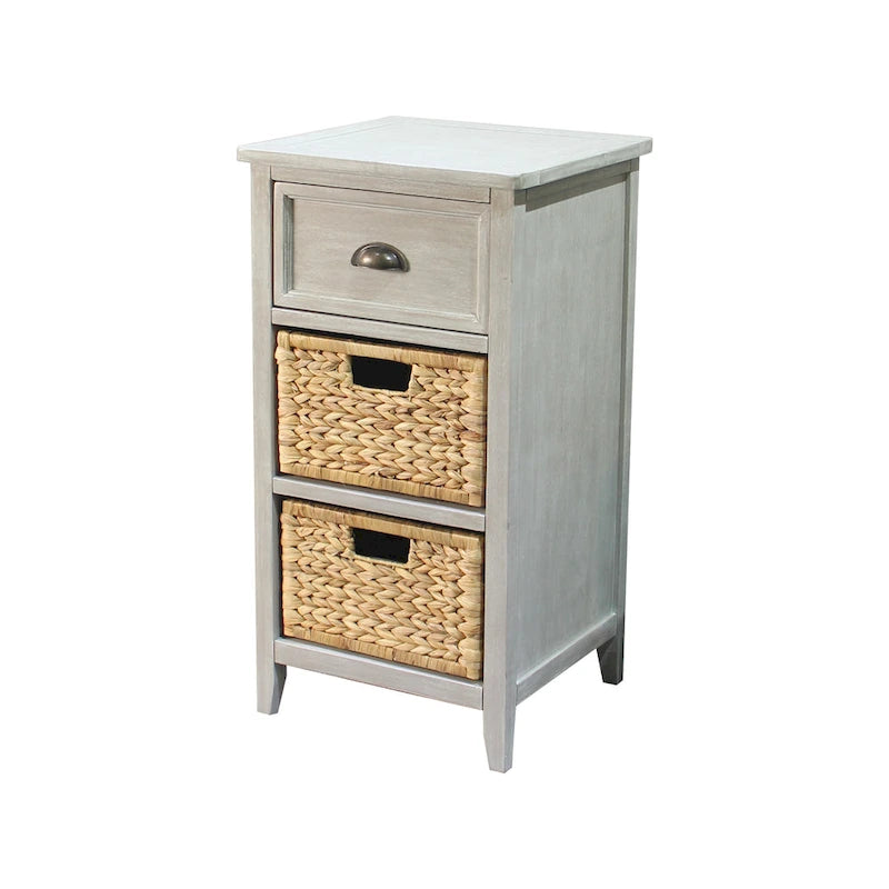 Akzentschrank aus Massivholz und Wasserhyazinthe mit 1 Schublade, Grau