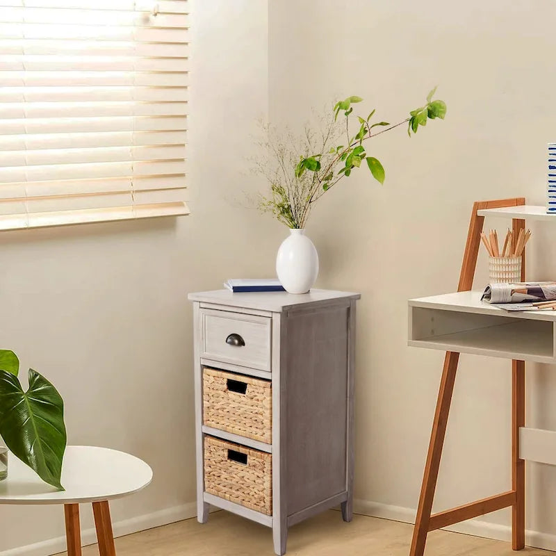 Akzentschrank aus Massivholz und Wasserhyazinthe mit 1 Schublade, Grau
