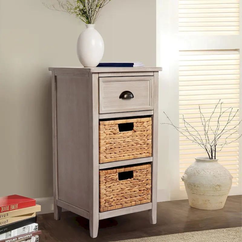 Akzentschrank aus Massivholz und Wasserhyazinthe mit 1 Schublade, Grau