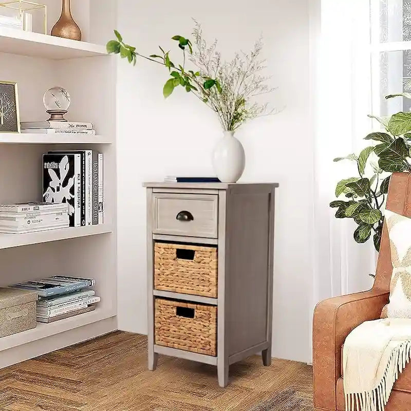 Akzentschrank aus Massivholz und Wasserhyazinthe mit 1 Schublade, Grau