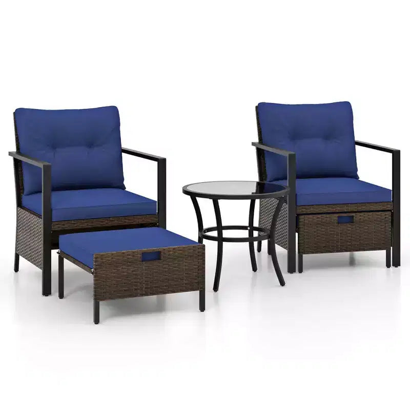 Costway 5 PCS Outdoor Furniture Set Rattan Chairs & Ottomans with Glass Topped Coffee Table Off White/Black/Navy/Gray