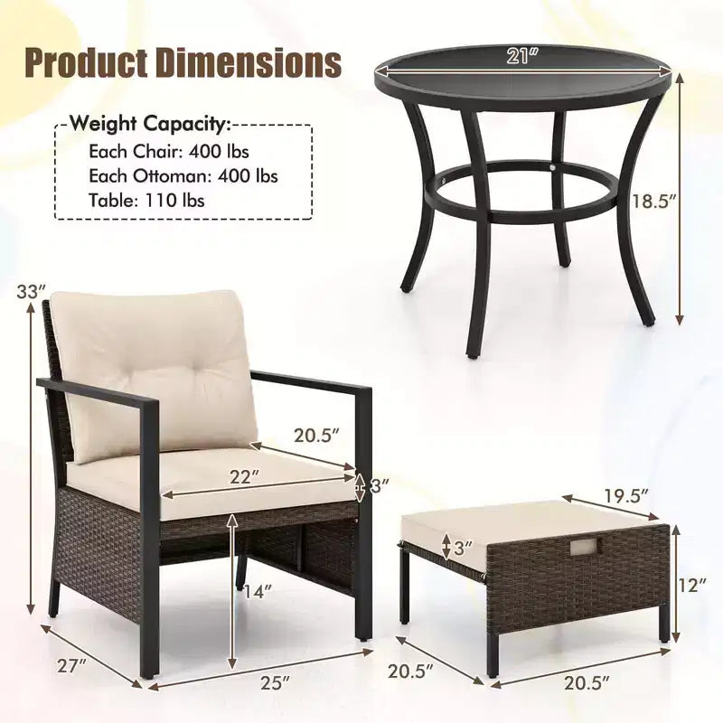Costway 5 PCS Outdoor Furniture Set Rattan Chairs & Ottomans with Glass Topped Coffee Table Off White/Black/Navy/Gray