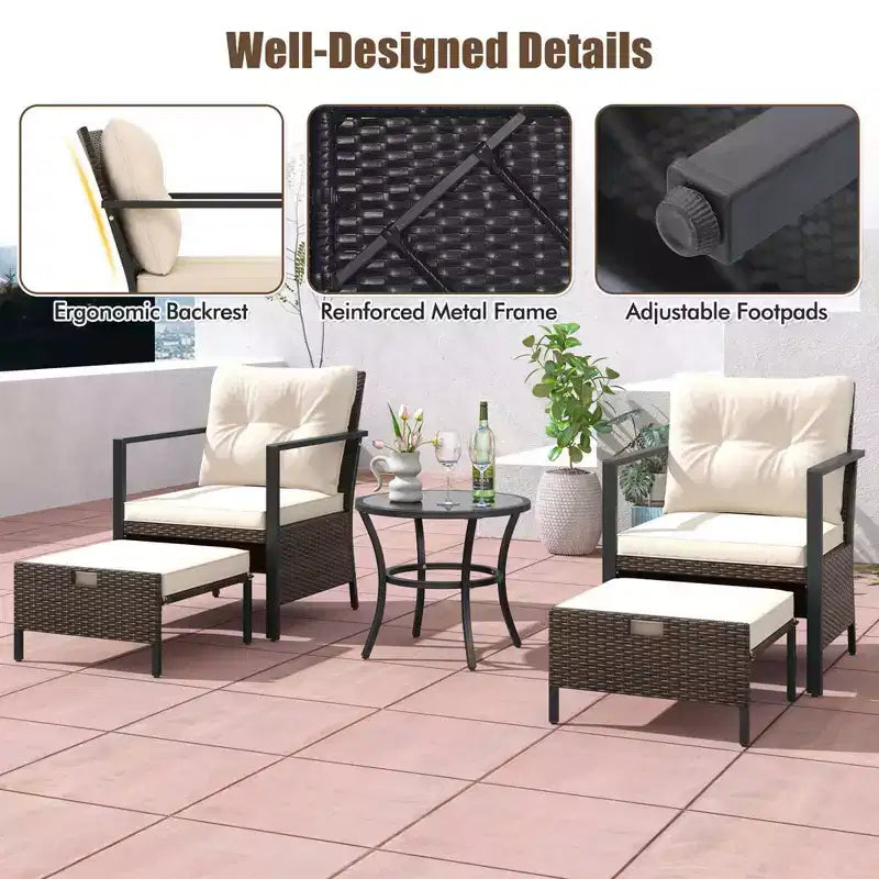 Costway 5 PCS Outdoor Furniture Set Rattan Chairs & Ottomans with Glass Topped Coffee Table Off White/Black/Navy/Gray