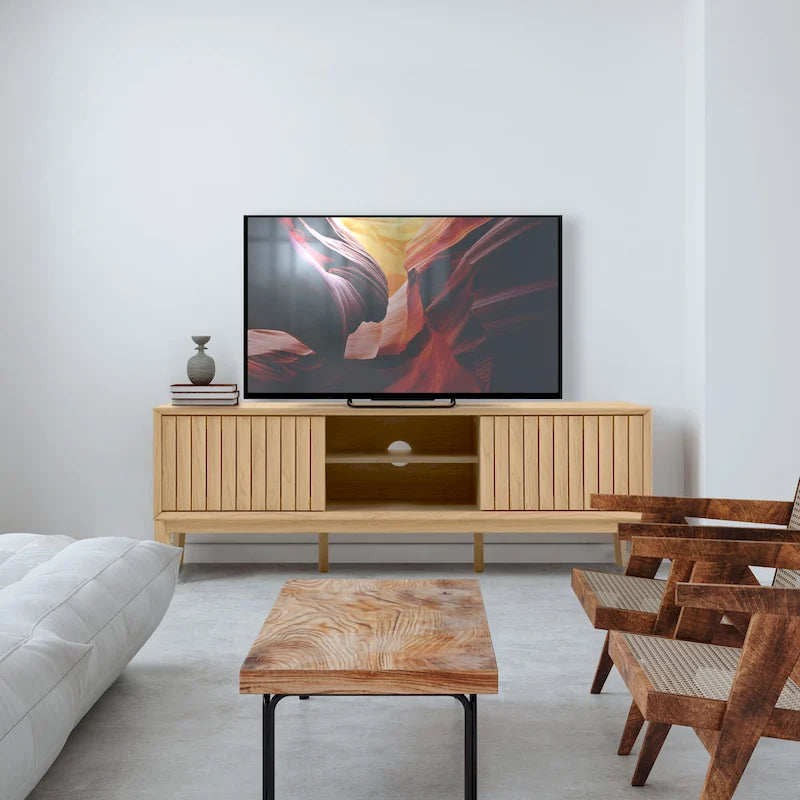 58 Zoll Farmhouse TV-Schrank mit 3 Fächern und Schiebetüren, passend für Fernseher bis 65 Zoll