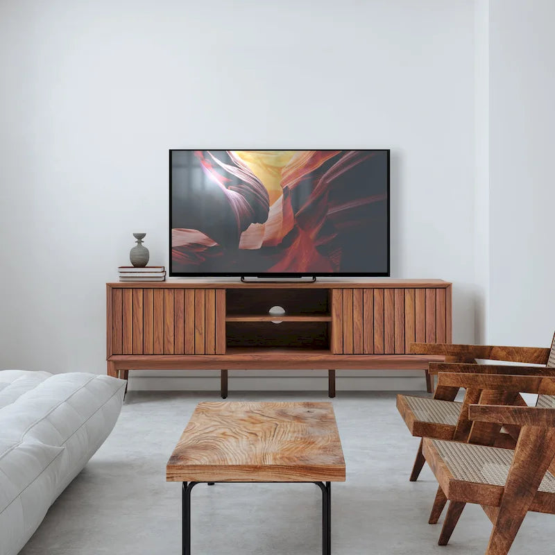 58 Zoll Farmhouse TV-Schrank mit 3 Fächern und Schiebetüren, passend für Fernseher bis 65 Zoll