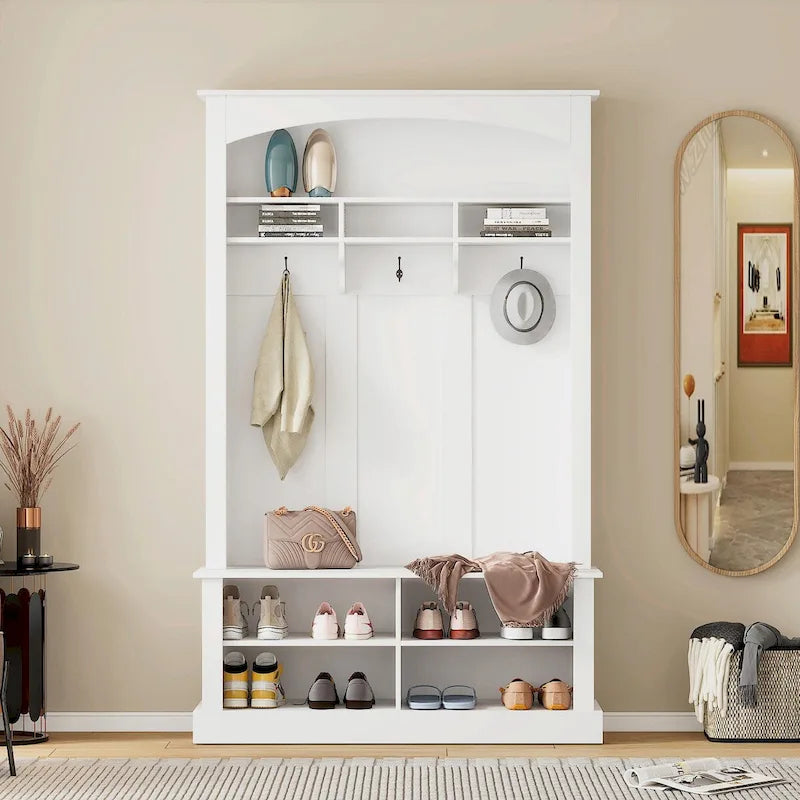 120 cm Garderobe mit Sitzbank, 3 Haken und verstellbarem Schuhregal