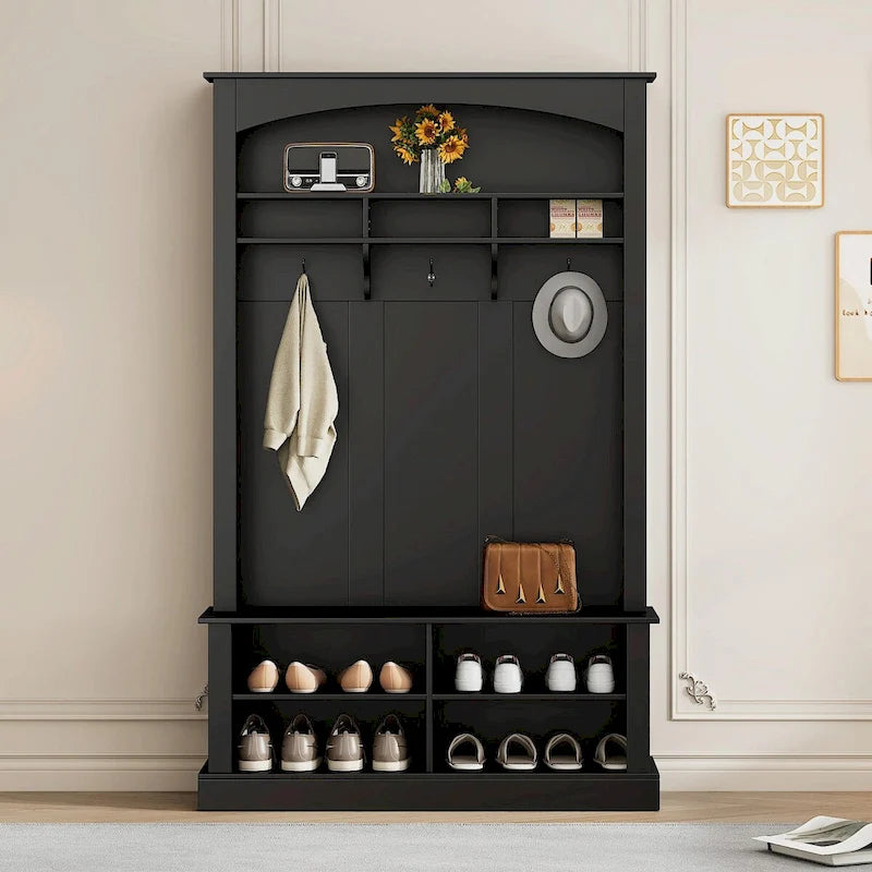120 cm Garderobe mit Sitzbank, 3 Haken und verstellbarem Schuhregal