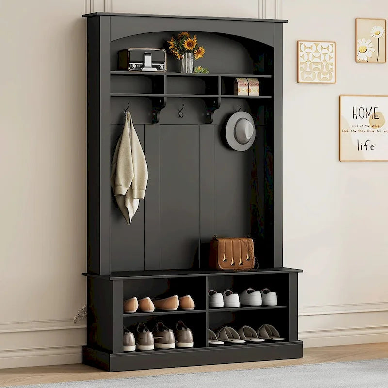 120 cm Garderobe mit Sitzbank, 3 Haken und verstellbarem Schuhregal