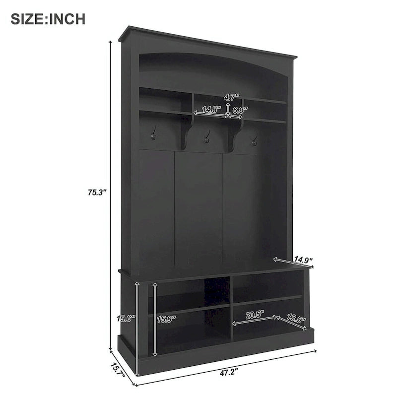 120 cm Garderobe mit Sitzbank, 3 Haken und verstellbarem Schuhregal