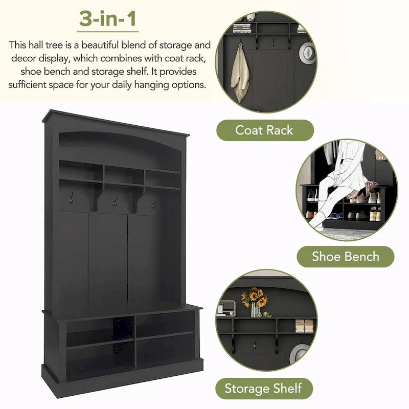 120 cm Garderobe mit Sitzbank, 3 Haken und verstellbarem Schuhregal