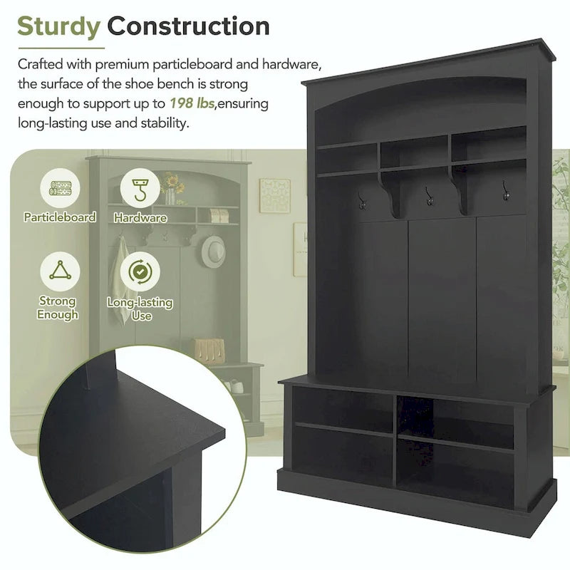 120 cm Garderobe mit Sitzbank, 3 Haken und verstellbarem Schuhregal