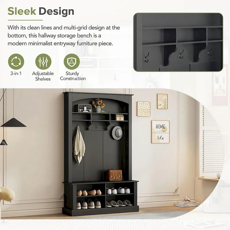 120 cm Garderobe mit Sitzbank, 3 Haken und verstellbarem Schuhregal