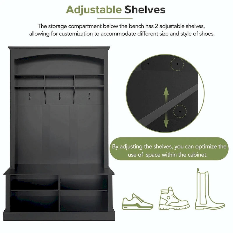 120 cm Garderobe mit Sitzbank, 3 Haken und verstellbarem Schuhregal