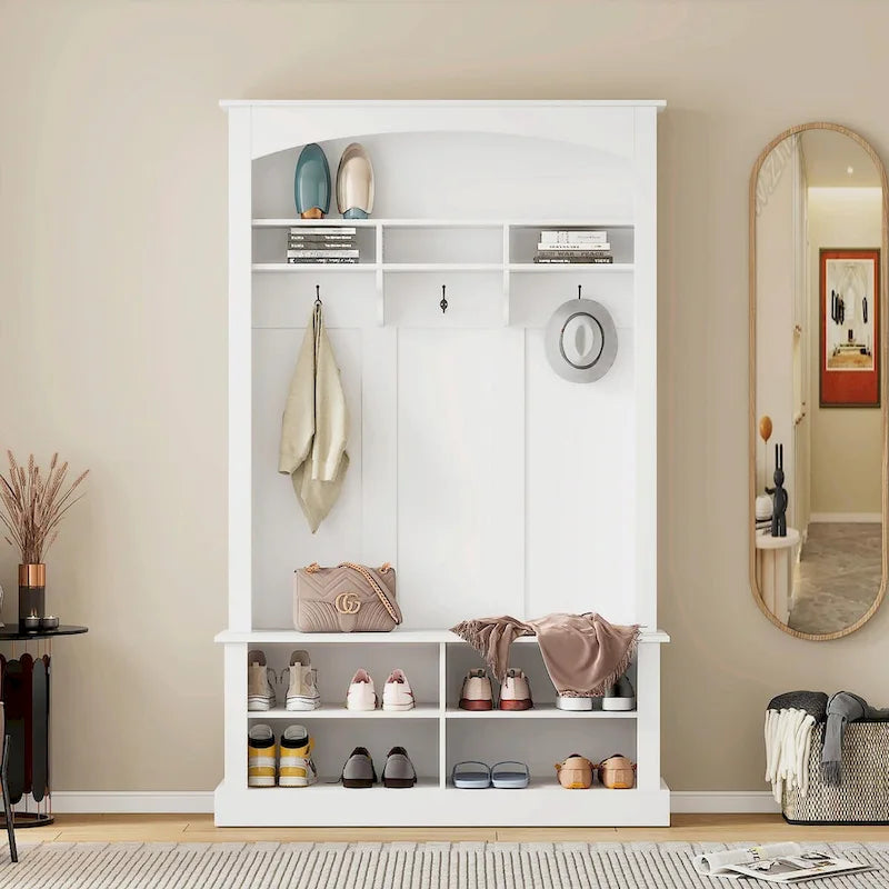 120 cm Garderobe mit Sitzbank, 3 Haken und verstellbarem Schuhregal