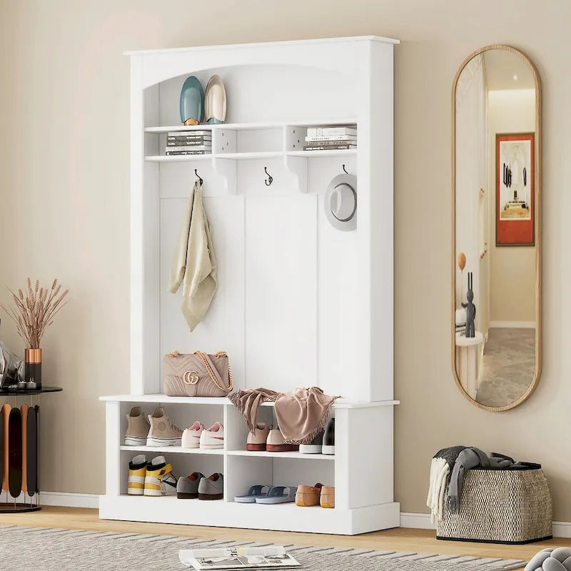 120 cm Garderobe mit Sitzbank, 3 Haken und verstellbarem Schuhregal