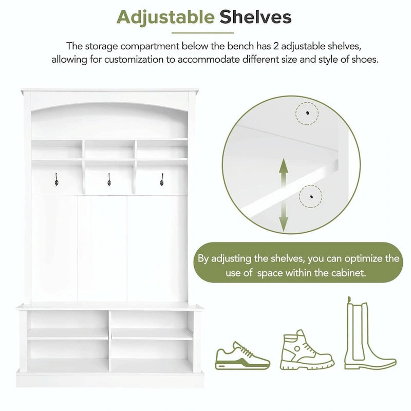 120 cm Garderobe mit Sitzbank, 3 Haken und verstellbarem Schuhregal