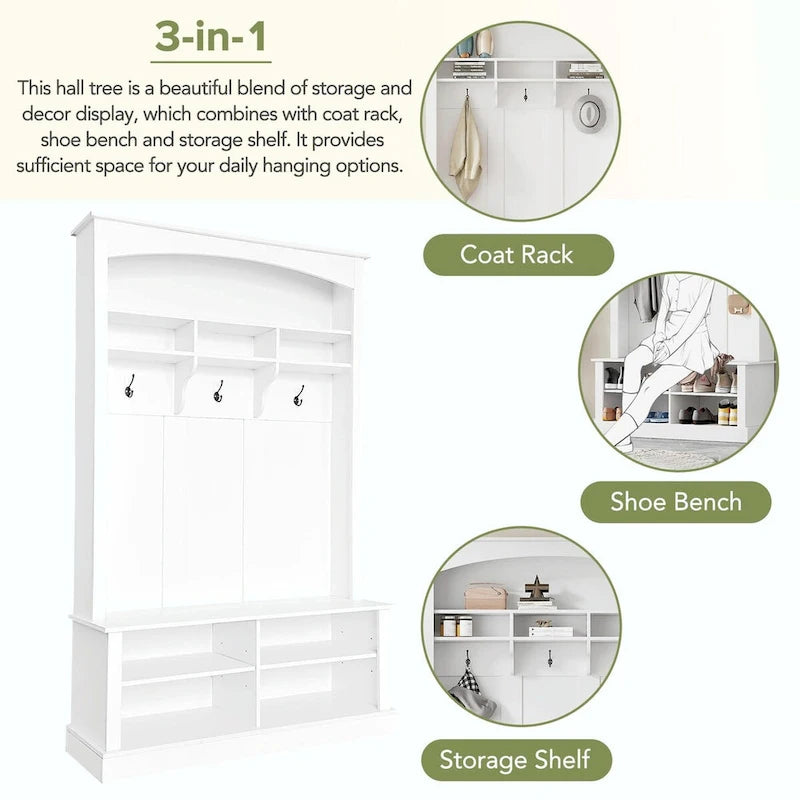 120 cm Garderobe mit Sitzbank, 3 Haken und verstellbarem Schuhregal