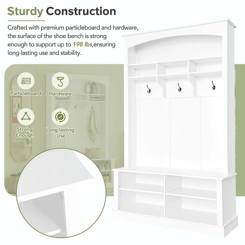 120 cm Garderobe mit Sitzbank, 3 Haken und verstellbarem Schuhregal