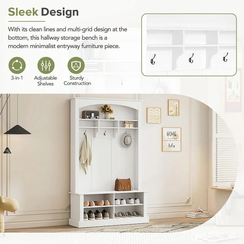 120 cm Garderobe mit Sitzbank, 3 Haken und verstellbarem Schuhregal