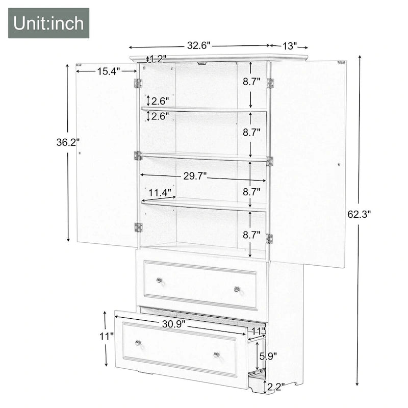 Hoher Badezimmerschrank mit 2 Türen und 2 Schubladen