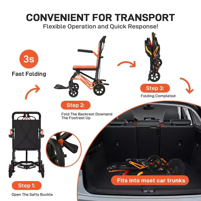 Ultra Lightweight Folding Transport Wheelchair, Supports 220 lbs, 18 lbs Aluminum Frame, 16.2 Seat, Removable Armrests & Footrests,Locking Handbrake